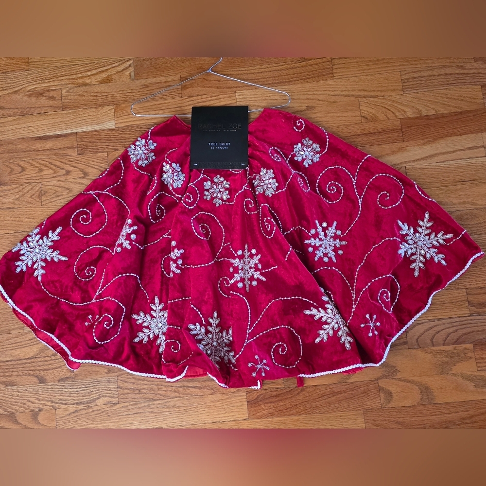 Rachel Zoe Red Beaded Velvet Christmas Tree Skirt NWT